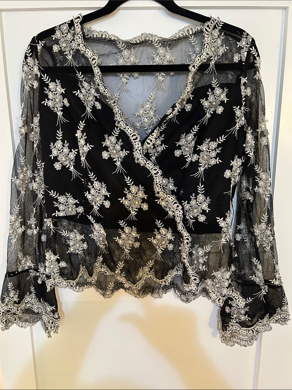 Victoria Royal Ltd Black Sheer Lace Wrap Blouse with Silver Floral Embroidery